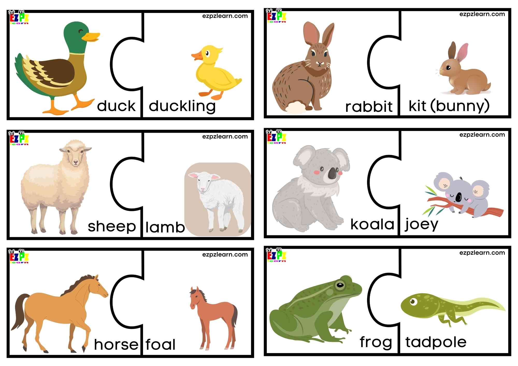 Animals and Their Young Puzzle Match Game 2 For Preschool, Kindergarten and English Language Learners Free Printable